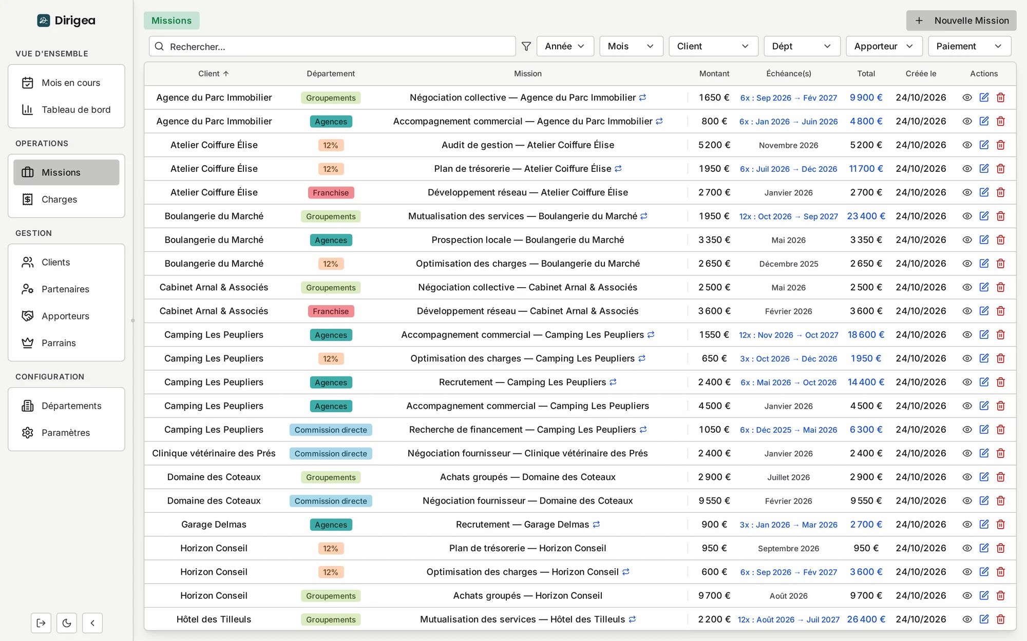 Liste des missions avec département, montant, échéances et total